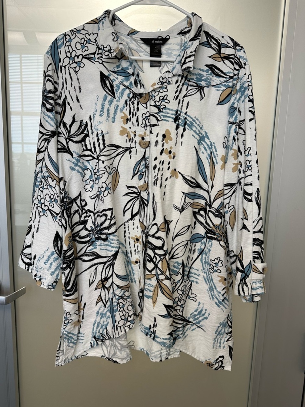 Ali Miles XL Floral Tunic Artsy Buttons Hawaiian Blue Gold White